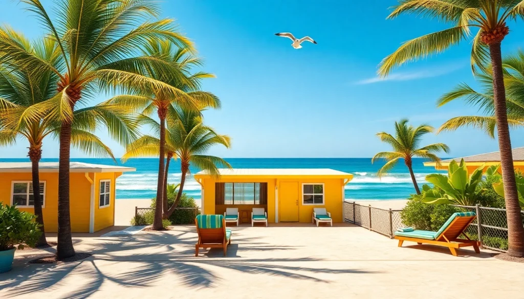 Relax at a coastal cabana with a vibrant yellow exterior and palm trees by the beach.