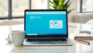 Showcase of WPS office下载 in a professional workspace setting with a laptop and productivity props.