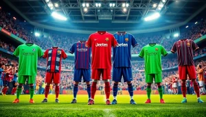 Shop vibrant football kits showcasing designs for all ages on a lively soccer field.
