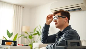 Professional HVAC technician servicing air conditioning unit from https://nobleheatingairservices.com in a modern home.