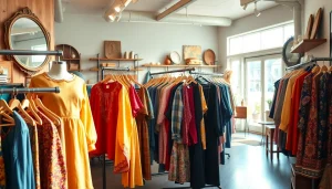 Shop unique vintage finds at https://thrift-vintage.com surrounded by colorful clothing in a chic setting.