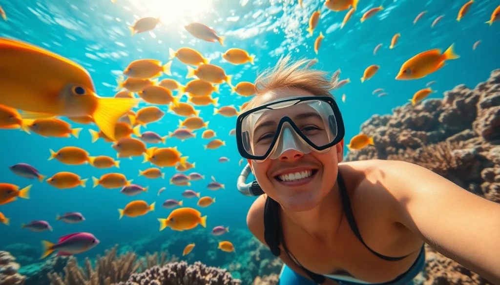 Snorkeler enjoying aquatic adventures at https://egypt-snorkeling.com amidst vibrant marine life.