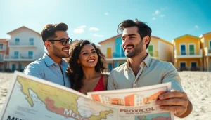American couple envisioning buying property in Mexico, discussing dreams in a colorful beach town.