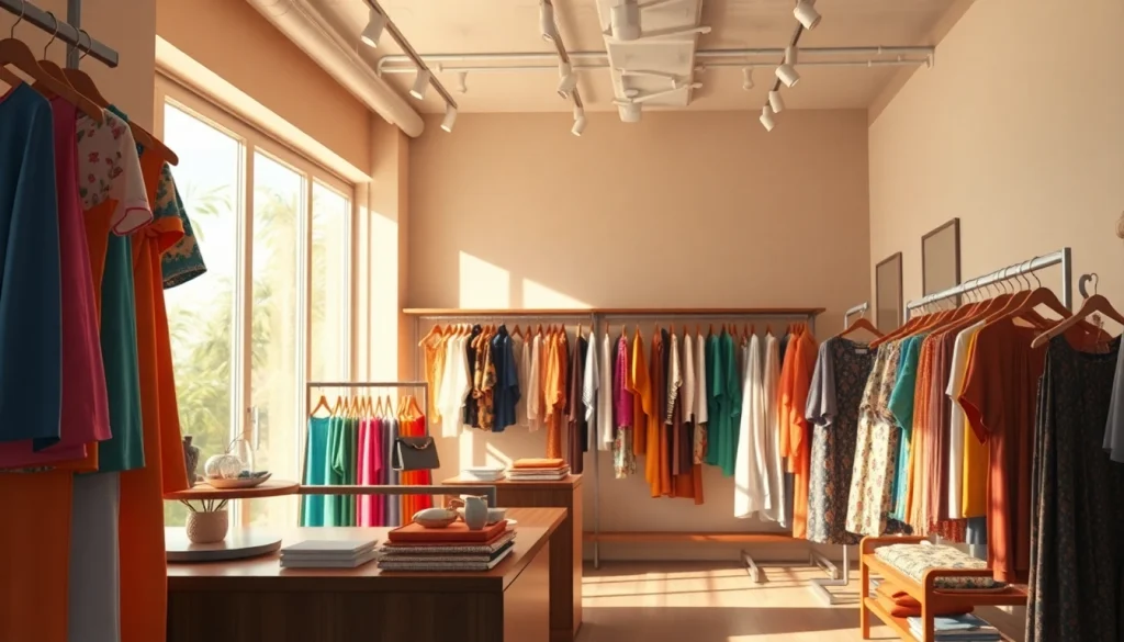 Clothing store display showcasing vibrant outfits and cozy atmosphere.