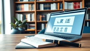 Engaging workspace with 有道翻译 on display, featuring a sleek laptop and notebooks.
