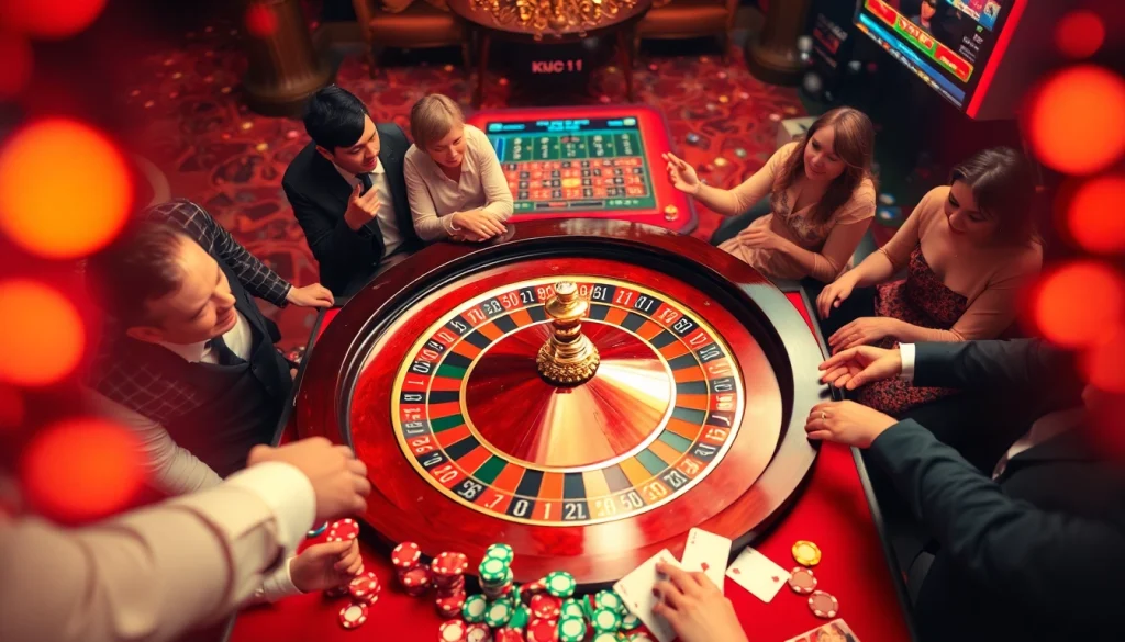 Experience thrilling live roulette at KJC AC 1, where players enjoy vibrant gameplay with swirling chips and cards.
