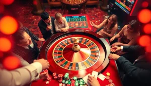 Experience thrilling live roulette at KJC AC 1, where players enjoy vibrant gameplay with swirling chips and cards.