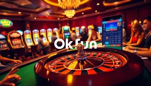 Experience thrilling moments of gambling at Okfun Casino with vibrant roulette, exciting players, and poker chips.
