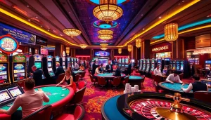 Casino gaming scene featuring KJC brand elements, showcasing vibrant tables and exciting players.