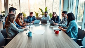 Collaborative business professionals discussing WPS官网 solutions in a modern office setting.
