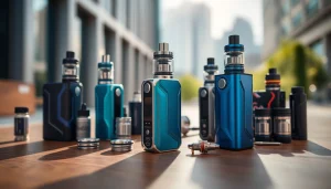 Showcase of box mods with vibrant colors and intricate designs on a stylish wooden surface.