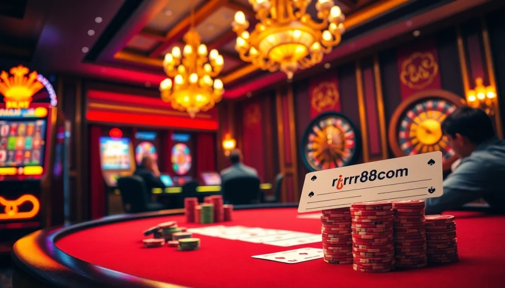 Experience thrilling gameplay at rr88ezcom with intense poker action, a vibrant roulette wheel, and colorful gaming chips.
