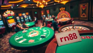 Engage at the exciting mm88 casino with vibrant slot machines and poker tables.