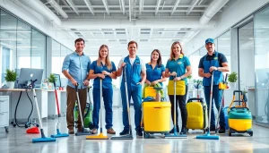 Effizientes Reinigungsteam von https://nm-gebäudeservice.de in einem modernen Büro mit Reinigungsutensilien.