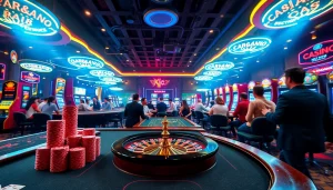 KJC AC 1 vibrant casino scene showcasing exciting gambling activities with tables, poker chips, and roulette.