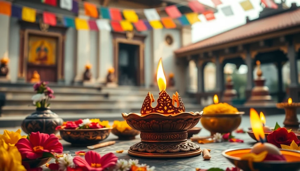 Experience a butter lamp blessing with a beautifully lit butter lamp and offerings in a serene temple.