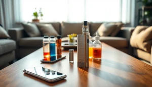 Genießen Sie Ihre e zigarette mit einer ästhetischen Anordnung von E-Liquids und modernem Design.