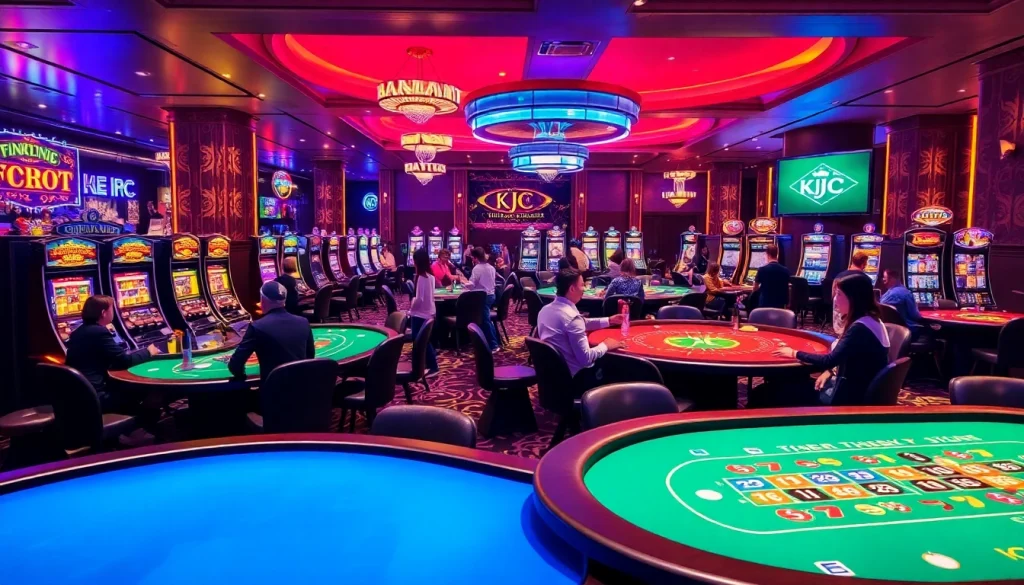 KJC AC 1: Thrilling casino experience with players at roulette and poker tables amidst vibrant slot machines.