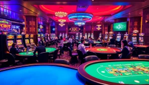 KJC AC 1: Thrilling casino experience with players at roulette and poker tables amidst vibrant slot machines.