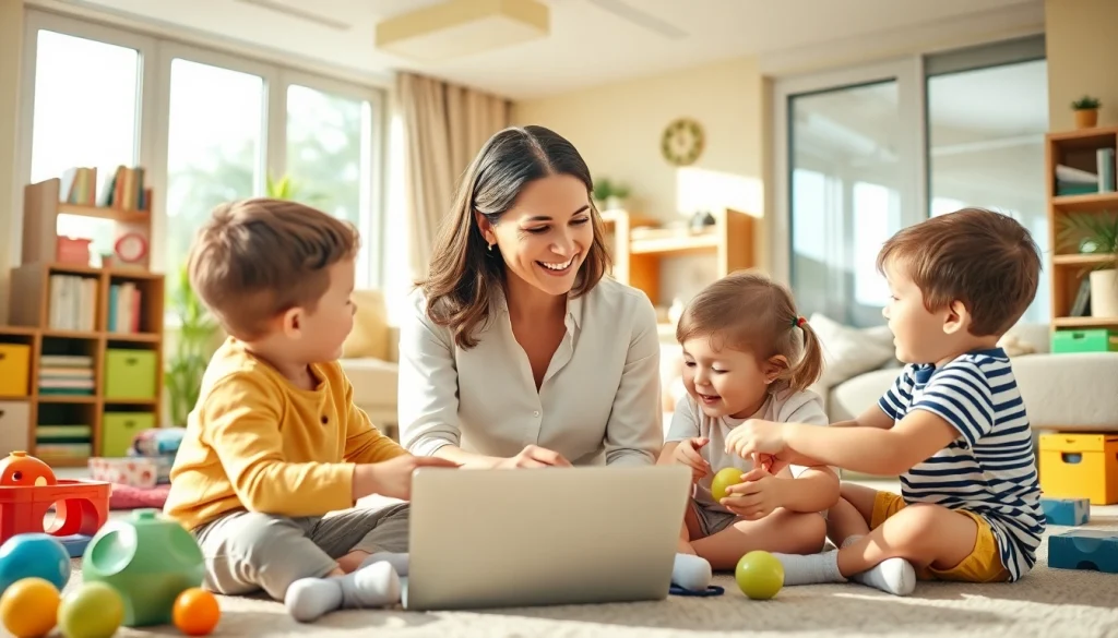 Find a trusted nanny in Dubai engaging with children in a bright and cheerful living room