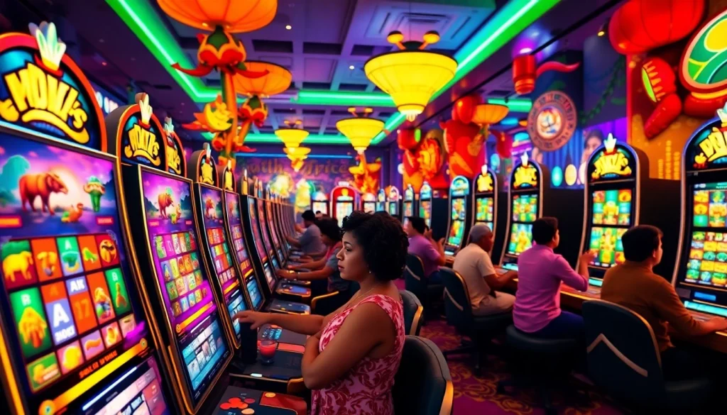 Players enjoying South Africa online slots in a bright, lively casino setting.