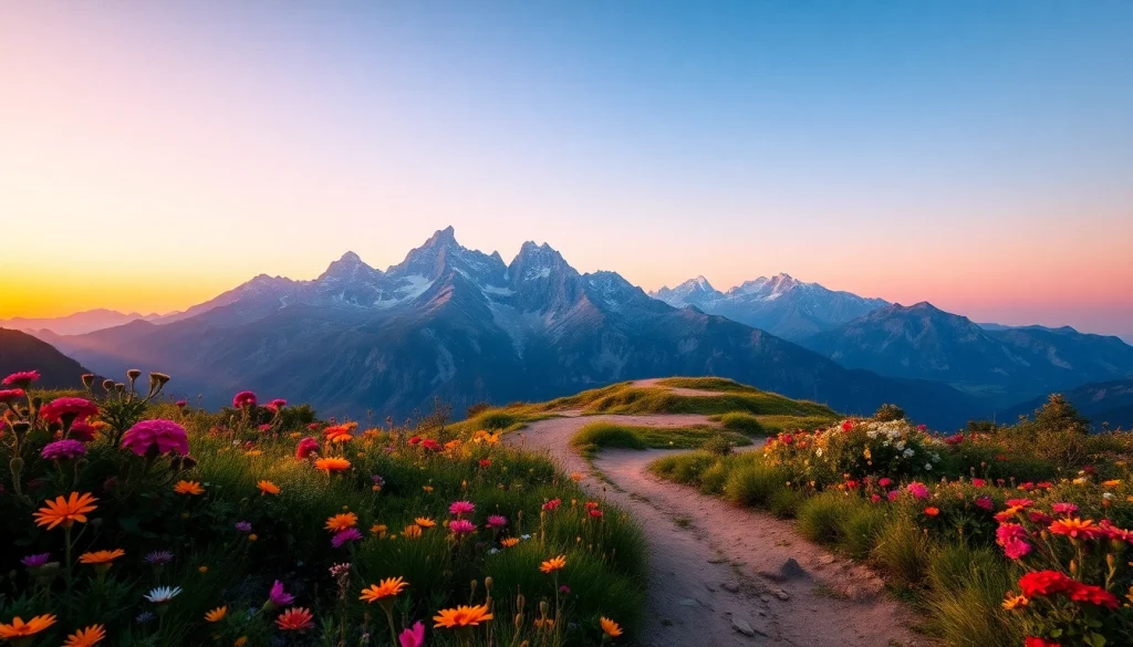 Showcase breathtaking landscapes at https://travelvixta.com with vibrant flowers and majestic mountains.