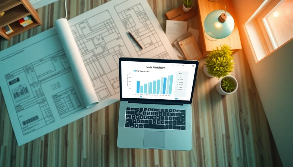 Using a flipping calculator to analyze a real estate investment project with blueprints and a laptop.