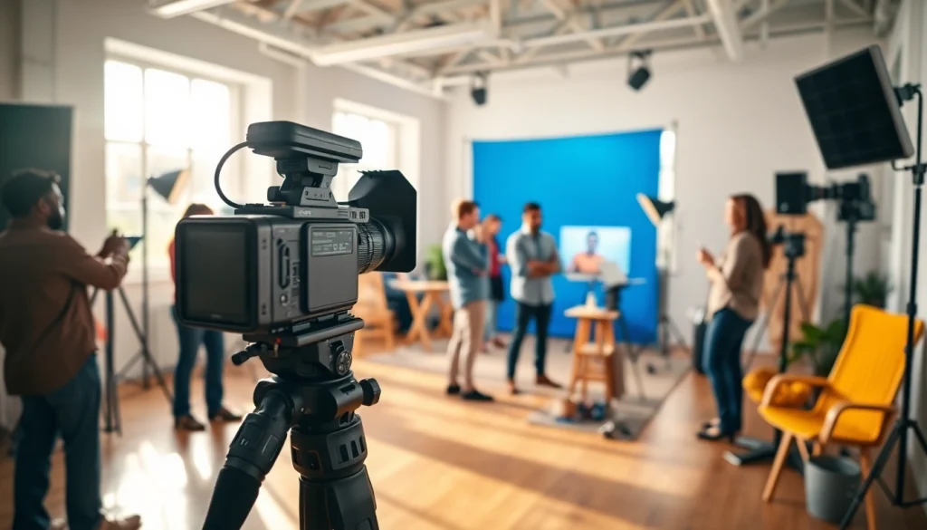 Engaging video production scene showcasing filmmakers in a modern studio setting.