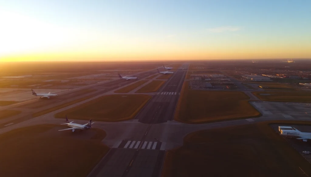 Birmingham Airport showcasing planes on the runway during sunset, highlighting the airport's busy atmosphere.