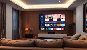 Teste IPTV com uma sala de estar confortável exibindo canais e séries ao vivo.