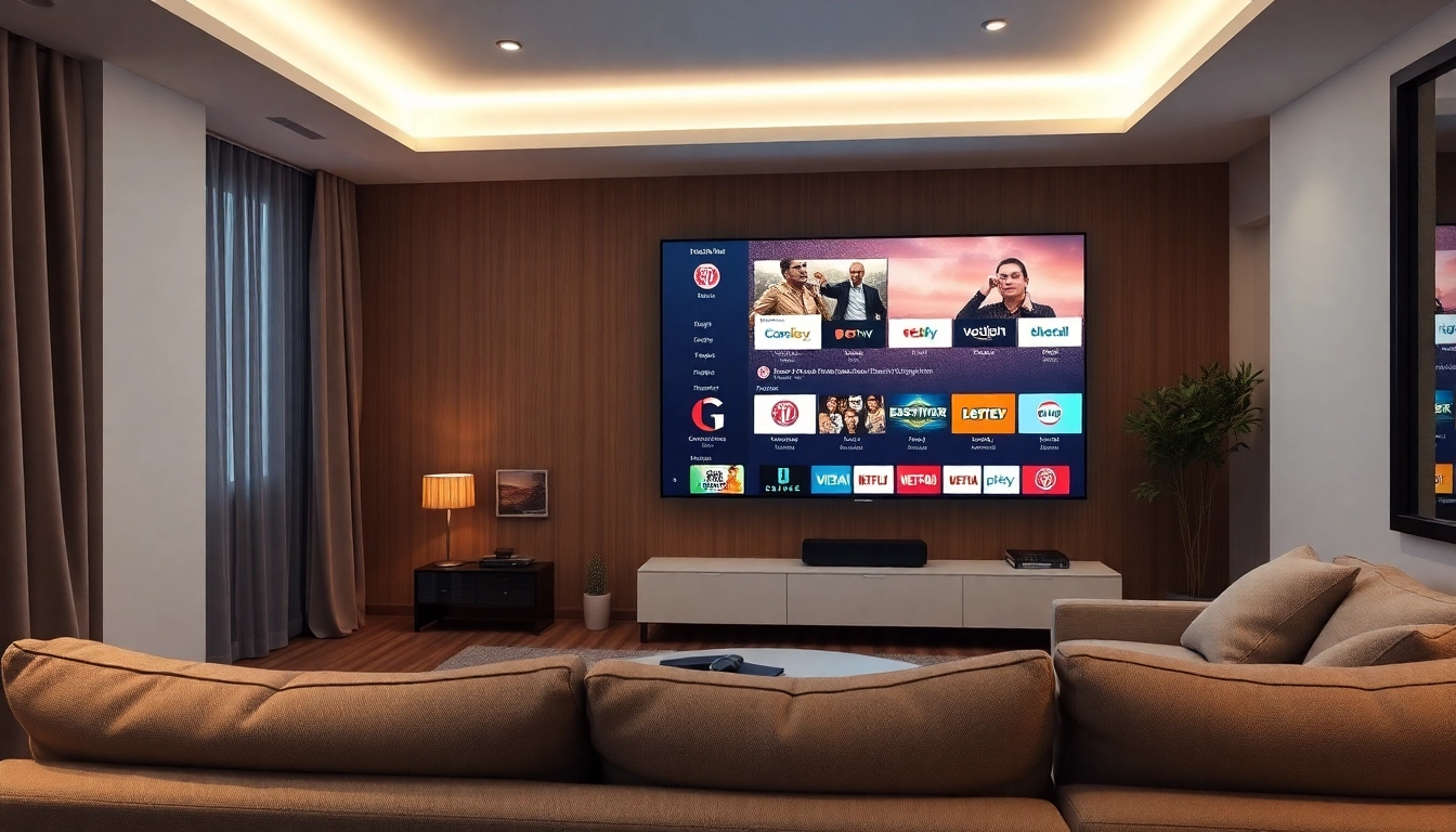 Teste IPTV com uma sala de estar confortável exibindo canais e séries ao vivo.