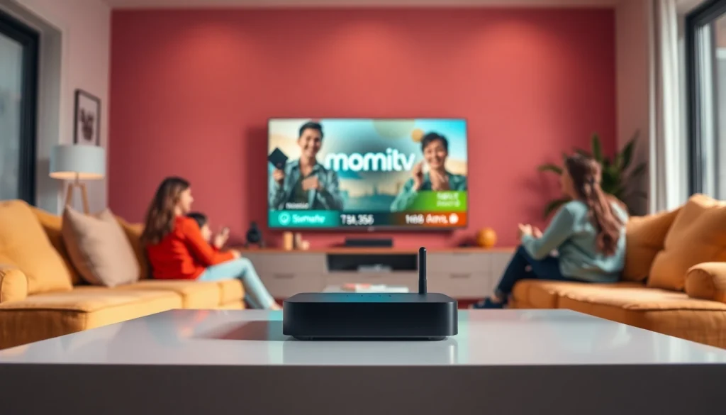 Enjoying Momiptv on a big screen TV in a cozy living room, highlighting family entertainment.