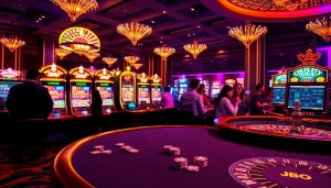 Experience high-stakes excitement at JBO casino with branded poker chips and vibrant slot machines.