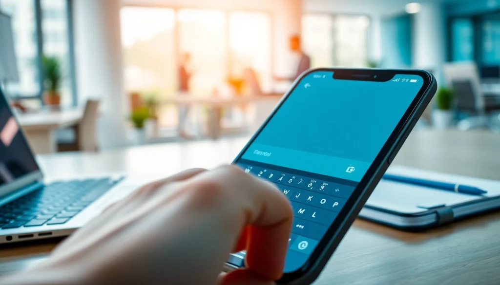 Showcase the 搜狗输入法 keyboard on a smartphone in a busy workspace, highlighting user engagement.