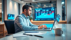 Engaged journalist working on suntimesnews.com in a bustling newsroom environment.