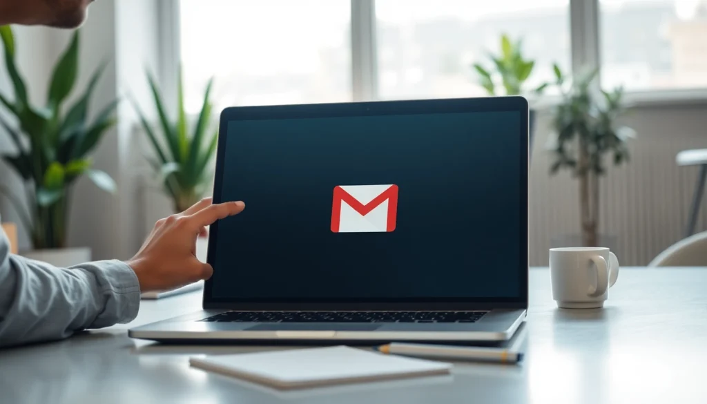 Engaging with Gmail邮箱 in a professional office setting, showing an open laptop and modern design.