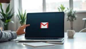 Engaging with Gmail邮箱 in a professional office setting, showing an open laptop and modern design.