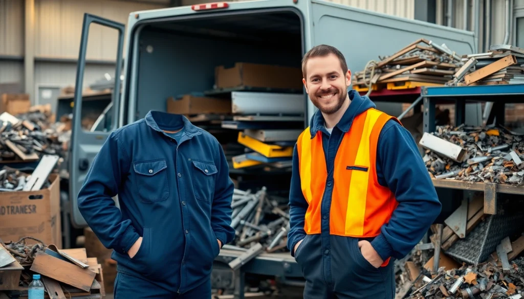 Professionelle Schrottabholung Düsseldorf mit Transporter und Schrottteilen im Vordergrund.