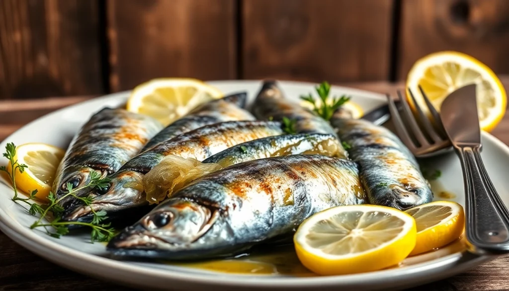 Disfruta proteina sardianas en un plato elegante con hierbas frescas y limón.