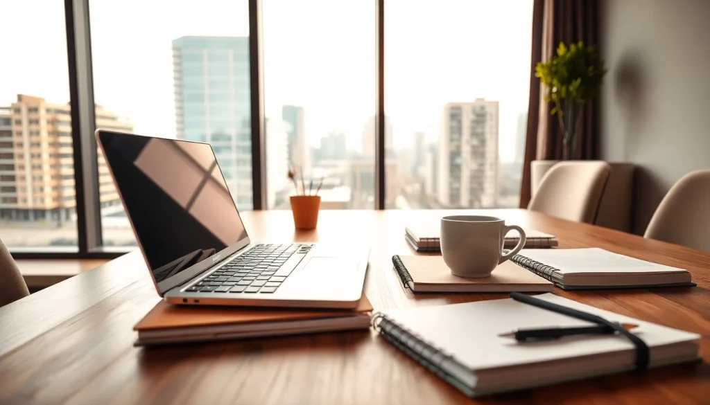 Bekijk een moderne werkplek met een laptop en notitieboek van https://www.stofnodig.nl