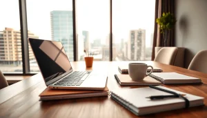 Bekijk een moderne werkplek met een laptop en notitieboek van https://www.stofnodig.nl