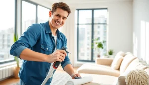 Highlighting a Cleaning Service in action, showcasing a professional with cleaning tools in a bright home.