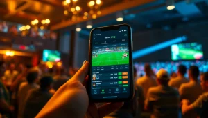 Discover the best sports betting apps in India featuring a modern mobile interface in a lively sports environment.