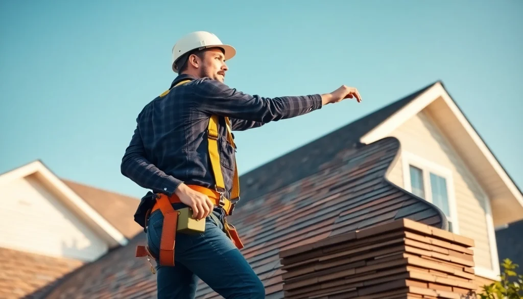Twin Shield Roofing contractor inspecting a roof with professional tools in a bright suburban setting.