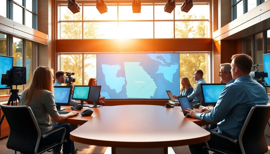 Reporters at thegeorgiasun collaborating in a vibrant newsroom setting.