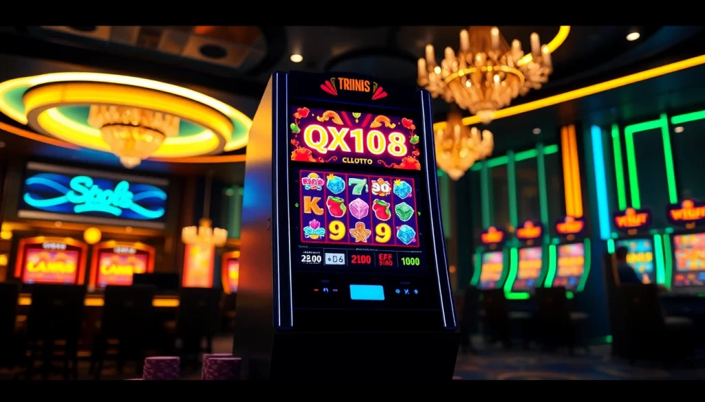 Berinteraksi dengan mesin slot QRIS108 Slot yang menampilkan grafik unik di kasino mewah.