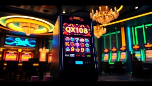 Berinteraksi dengan mesin slot QRIS108 Slot yang menampilkan grafik unik di kasino mewah.