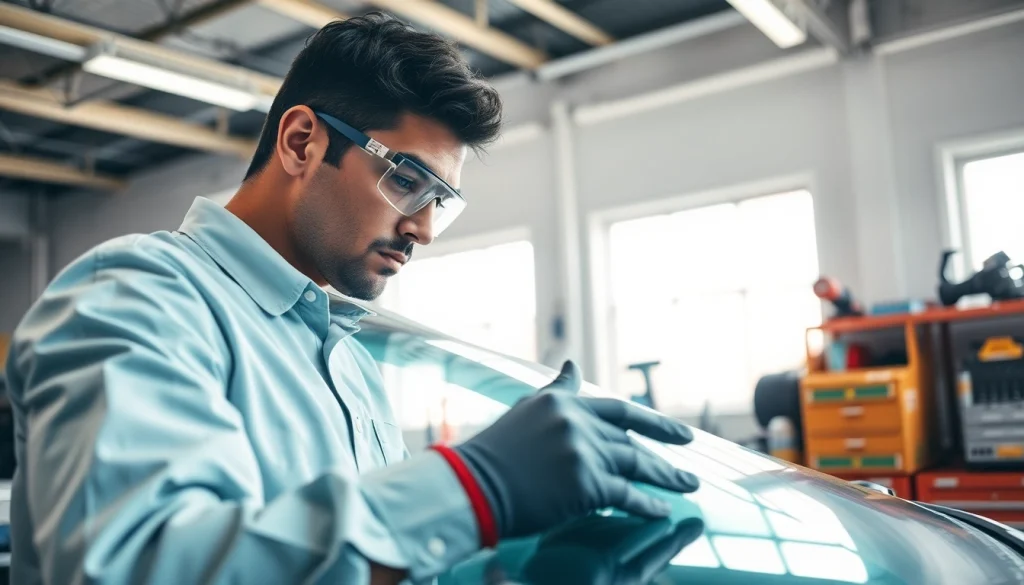 Inspecting a windshield in a professional setup at crystalautoglass.pro with focused precision.