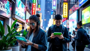 Showcase technology engaging urban life with modern devices and vibrant interactions in a city setting.