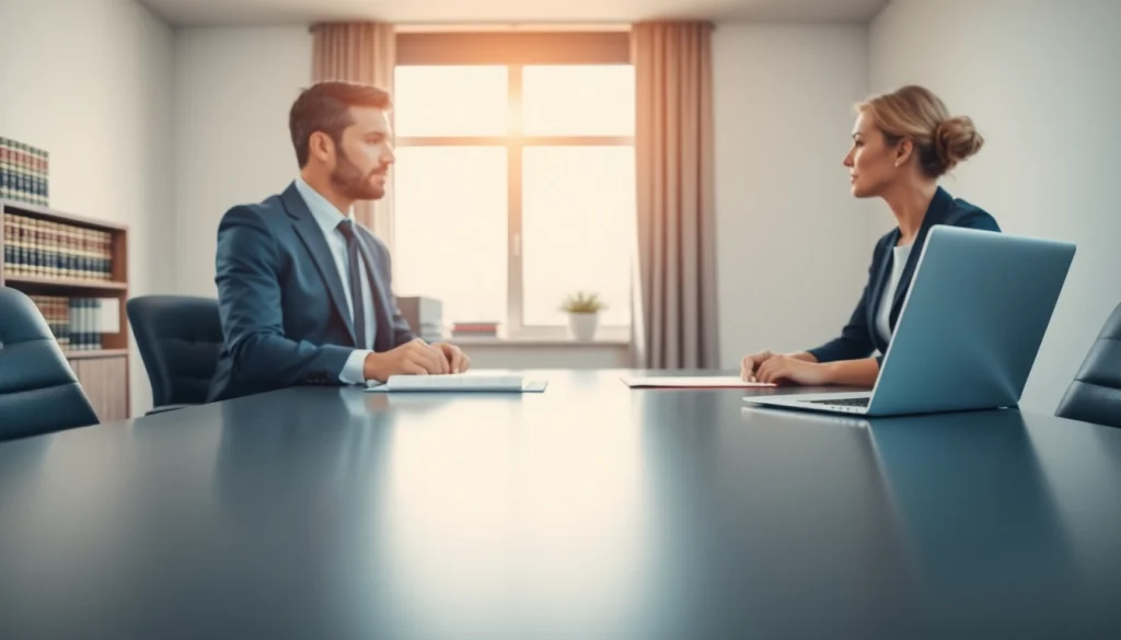 Engaging moment at https://www.turnpikelaw.com, attorney consulting with a client in a modern office.